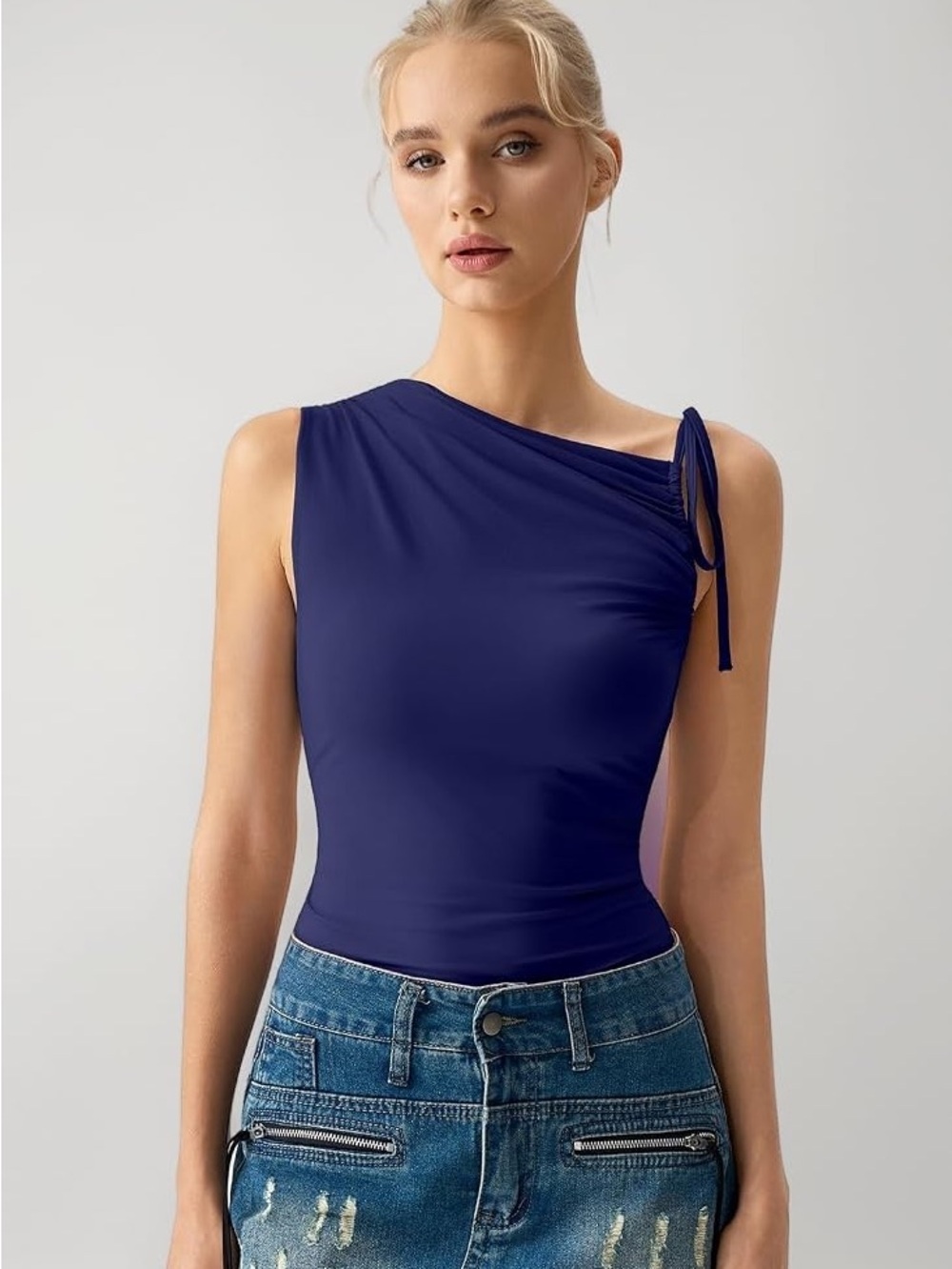 QINSEN One Shoulder Ruched Tie Top Navy Blue Medium
